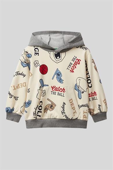 Benetton Erkek Bebek 1-6 Yaş Baskılı Kanguru Cep Sweatshirt Krem