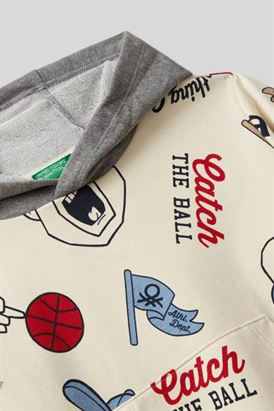 Benetton Erkek Bebek 1-6 Yaş Baskılı Kanguru Cep Sweatshirt Krem