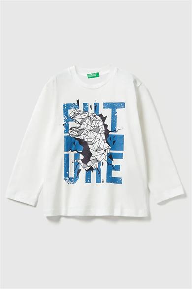 Benetton Erkek Bebek 1-6 Yaş Baskılı Uzunkol T-Shirt Beyaz
