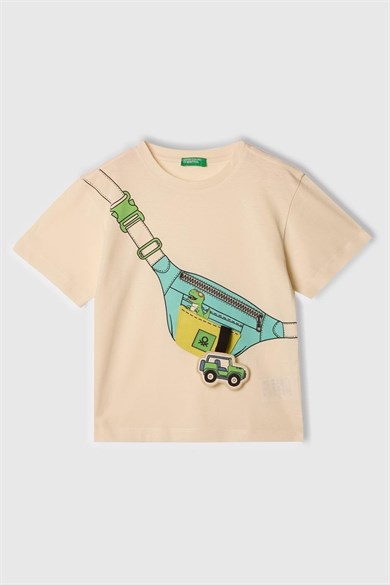 Benetton Erkek Bebek 1-6 Yaş Bel Çantası Desenli Kısa Kol T-shirt Krem