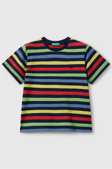Benetton Erkek Bebek 1-6 Yaş Renkli Çizgili %100 Pamuk T-shirt Lacivert