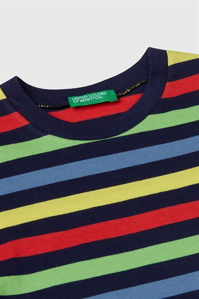 Benetton Erkek Bebek 1-6 Yaş Renkli Çizgili %100 Pamuk T-shirt Lacivert