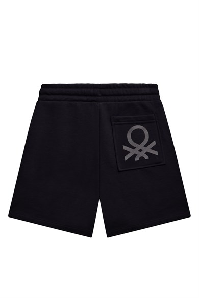 Benetton Erkek Çocuk 4-14 Yaş Logo Baskılı Cepli Pamuklu Penye Şort Siyah