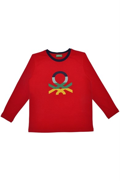 Benetton Erkek Çocuk Logo Baskılı Uzun Kol T-Shirt Kırmızı