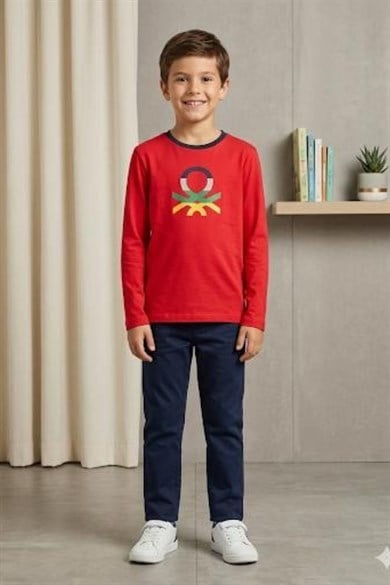 Benetton Erkek Çocuk Logo Baskılı Uzun Kol T-Shirt Kırmızı