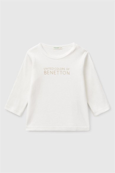 Benetton Kız Bebek 0-18 Ay Logo Desenli Uzun Kol T-Shirt Bej