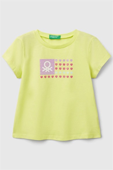 Benetton Kız Bebek 1-6 Yaş Logo Baskılı Kısa Kol T-shirt Neon Sarı