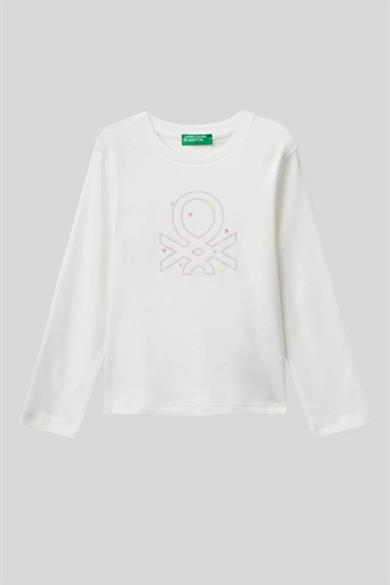 Benetton Kız Bebek 1-6 Yaş Logo Baskılı Uzunkol T-Shirt Ekru
