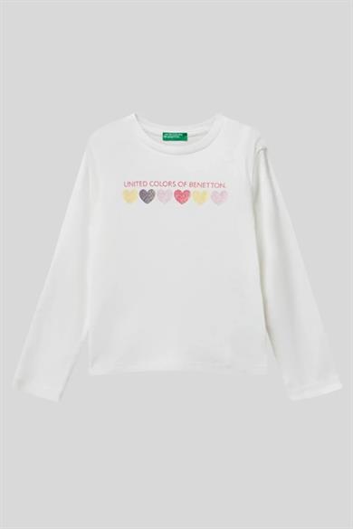 Benetton Kız Bebek 1-6 Yaş Logo Baskılı Uzunkol T-Shirt Beyaz