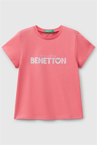 Benetton Kız Bebek 1-6 Yaş Logo Baskılı Kısa Kol T-shirt Pembe