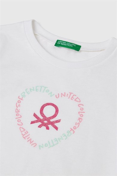 Benetton Kız Bebek 1-6 Yaş Logo Baskılı Kısa Kol T-shirt Ekru