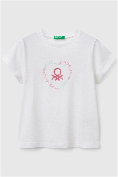 Benetton Kız Bebek 1-6 Yaş Logo Baskılı Kısa Kol T-shirt Ekru
