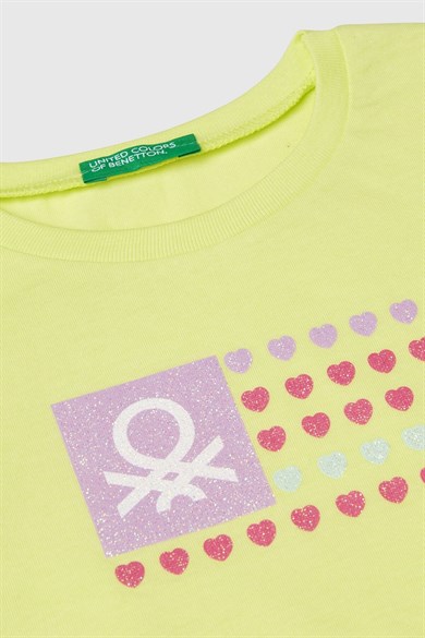 Benetton Kız Bebek 1-6 Yaş Logo Baskılı Kısa Kol T-shirt Neon Sarı