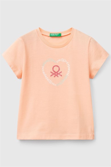 Benetton Kız Bebek 1-6 Yaş Logo Baskılı Kısa Kol T-shirt Somon