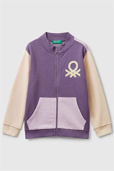 Benetton Kız Bebek 1-6 Yaş Simli Logo Baskılı Fermuarlı Hırka Mor