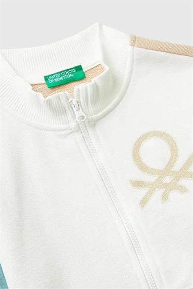 Benetton Kız Bebek 1-6 Yaş Simli Logo Baskılı Fermuarlı Hırka Beyaz-Pembe
