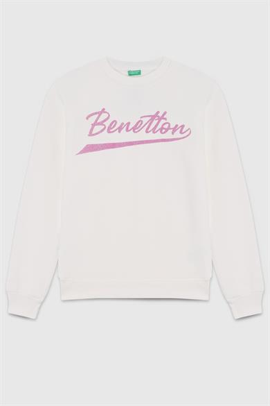 Benetton Kız Çocuk 4-14 Yaş Baskılı Bisiklet Yaka Sweatshirt Ekru