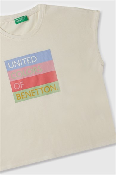 Benetton Kız Çocuk 4-14 Yaş Logo Baskılı Kolsuz T-Shirt Ekru