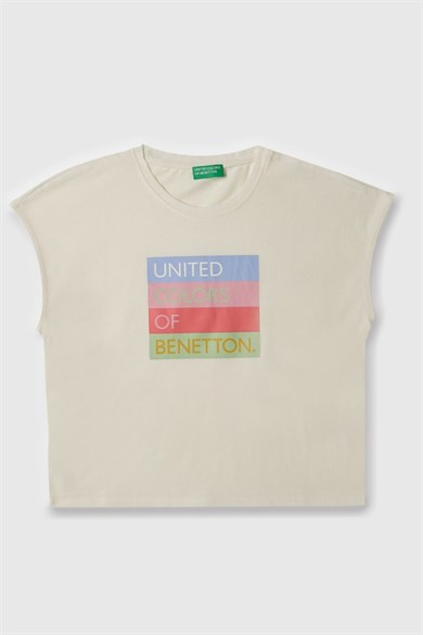 Benetton Kız Çocuk 4-14 Yaş Logo Baskılı Kolsuz T-Shirt Ekru