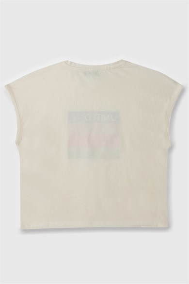 Benetton Kız Çocuk 4-14 Yaş Logo Baskılı Kolsuz T-Shirt Ekru