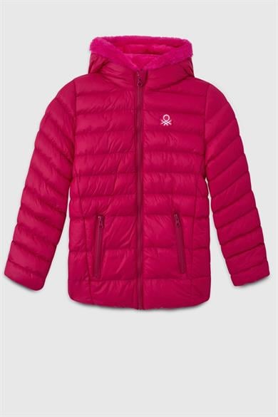 Benetton Kız Çocuk 4-14 Yaş Peluş Kapüşonlu Mont Fuşya