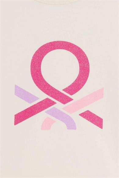 Benetton Kız Çocuk 4-14 Yaş Simli Logo Baskılı Uzunkol T-Shirt Ekru