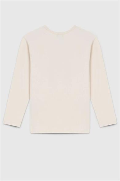 Benetton Kız Çocuk 4-14 Yaş Simli Logo Baskılı Uzunkol T-Shirt Ekru