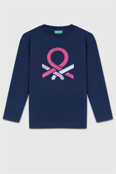 Benetton Kız Çocuk 4-14 Yaş Simli Logo Baskılı Uzunkol T-Shirt Lacivert