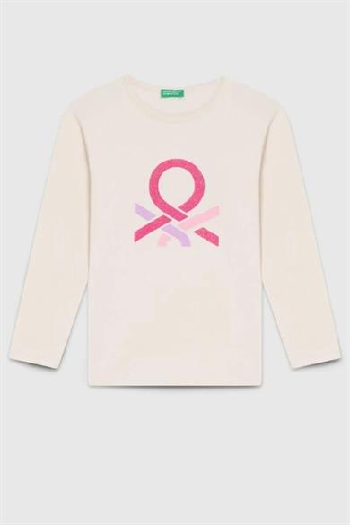 Benetton Kız Çocuk 4-14 Yaş Simli Logo Baskılı Uzunkol T-Shirt Ekru