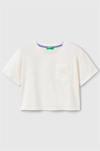 Benetton Kız Çocuk 4-14 Yaş Sırt Baskılı Kısa Kol Crop T-shirt Ekru