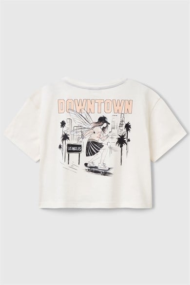 Benetton Kız Çocuk 4-14 Yaş Sırt Baskılı Kısa Kol Crop T-shirt Ekru