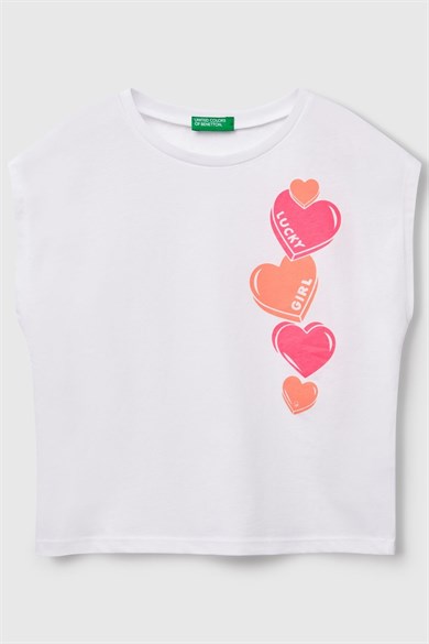 Benetton Kız Çocuk 6-14 Yaş Kalp Baskılı Kolsuz T-shirt Beyaz
