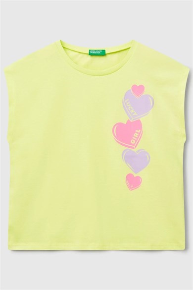 Benetton Kız Çocuk 6-14 Yaş Kalp Baskılı Kolsuz T-shirt Neon Sarı