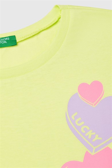 Benetton Kız Çocuk 6-14 Yaş Kalp Baskılı Kolsuz T-shirt Neon Sarı