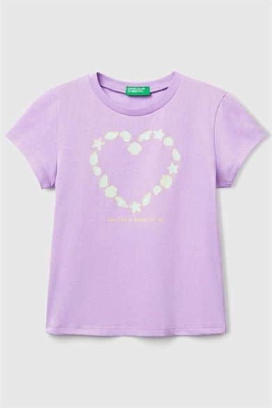 Benetton Kızz Çocuk 1-6 Yaş Bakılı Kısa Kol T-shirt Lila