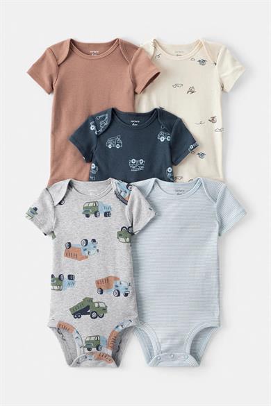 Carter Erkek Bebek Desenli Kısa Kollu 5li Body Set Krem-Kahverengi