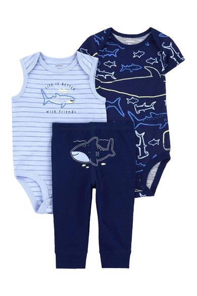 Carters Erkek Bebek 3-9 Ay Desenli Çıtçıtlı Body-Alt Üçlü Takım Mavi