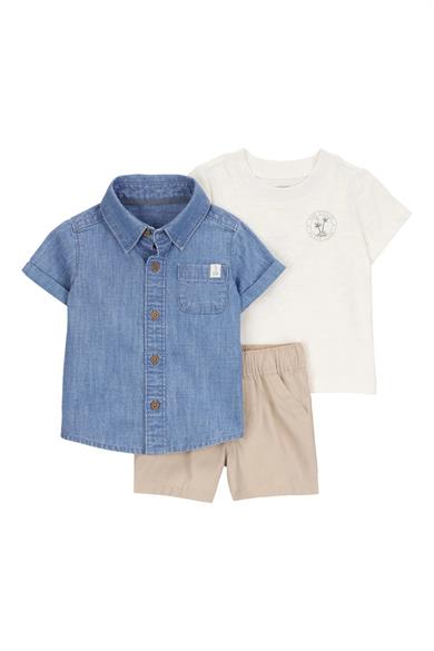 Carters Erkek Bebek 3-9 Ay Gömlek-Body-Şort 3lü Takım Mavi