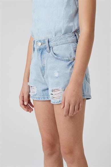 Cuties Kız Çocuk 3-14 Yaş Yırtık Detaylı Denim Şort Kot Mavi