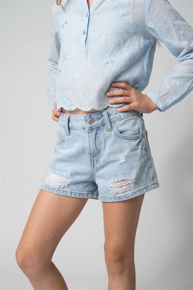 Cuties Kız Çocuk 3-14 Yaş Yırtık Detaylı Denim Şort Kot Mavi
