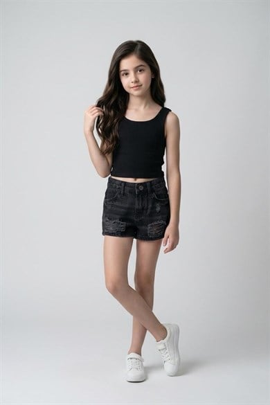 Cuties Kız Çocuk 3-14 Yaş Yırtık Detaylı Denim Şort Füme