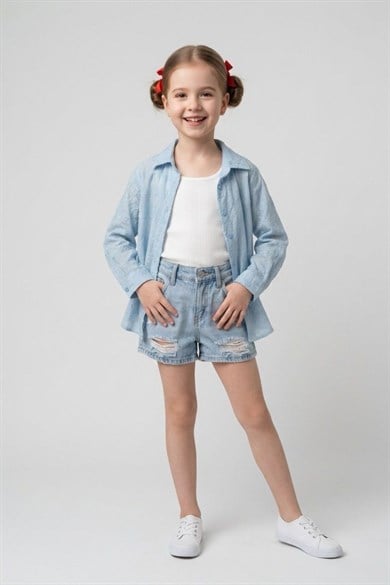 Cuties Kız Çocuk 5-14 Yaş Çiçek Nakışlı Pamuklu Gömlek Mavi