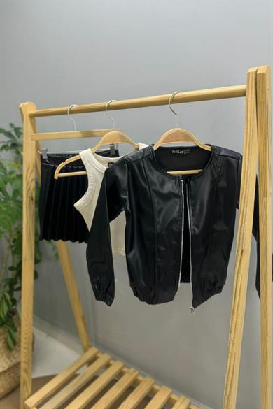 Cuties Kız Çocuk 5-14 Yaş Deri Bomber Ceket 3926 Siyah