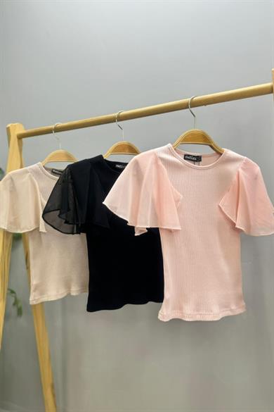 Cuties Kız Çocuk 5-14 Yaş Şifon Kısa Kol Kaşkorse Body 4245 Pudra