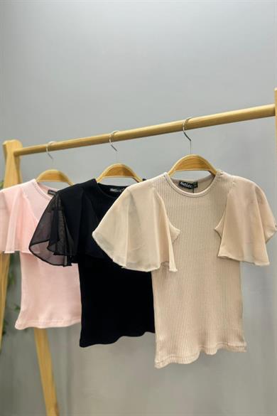 Cuties Kız Çocuk 5-14 Yaş Şifon Kısa Kol Kaşkorse Body 4245 Bej