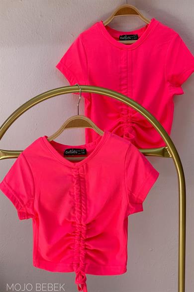 Cuties Kız Çocuk Büzgülü Kısa Kol T-shirt 3309 Fuşya