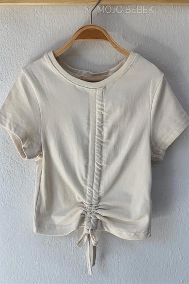 Cuties Kız Çocuk Büzgülü Kısa Kol T-shirt 3309 Bej