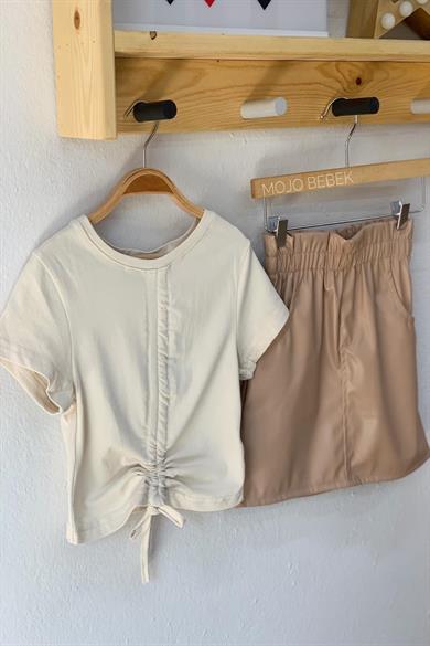 Cuties Kız Çocuk Büzgülü Kısa Kol T-shirt 3309 Bej