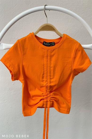 Cuties Kız Çocuk Büzgülü Kısa Kol T-shirt 3309 Turuncu
