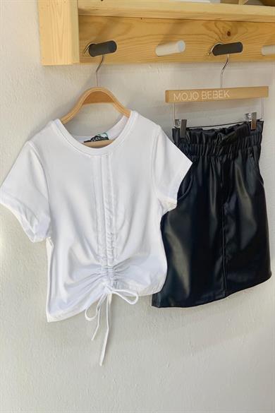 Cuties Kız Çocuk Büzgülü Kısa Kol T-shirt 3309 Beyaz